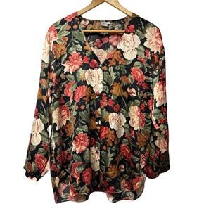 Vintage 80s 90s Silk Floral Print Blouse Size Medium V-Neck Button Up Cottage